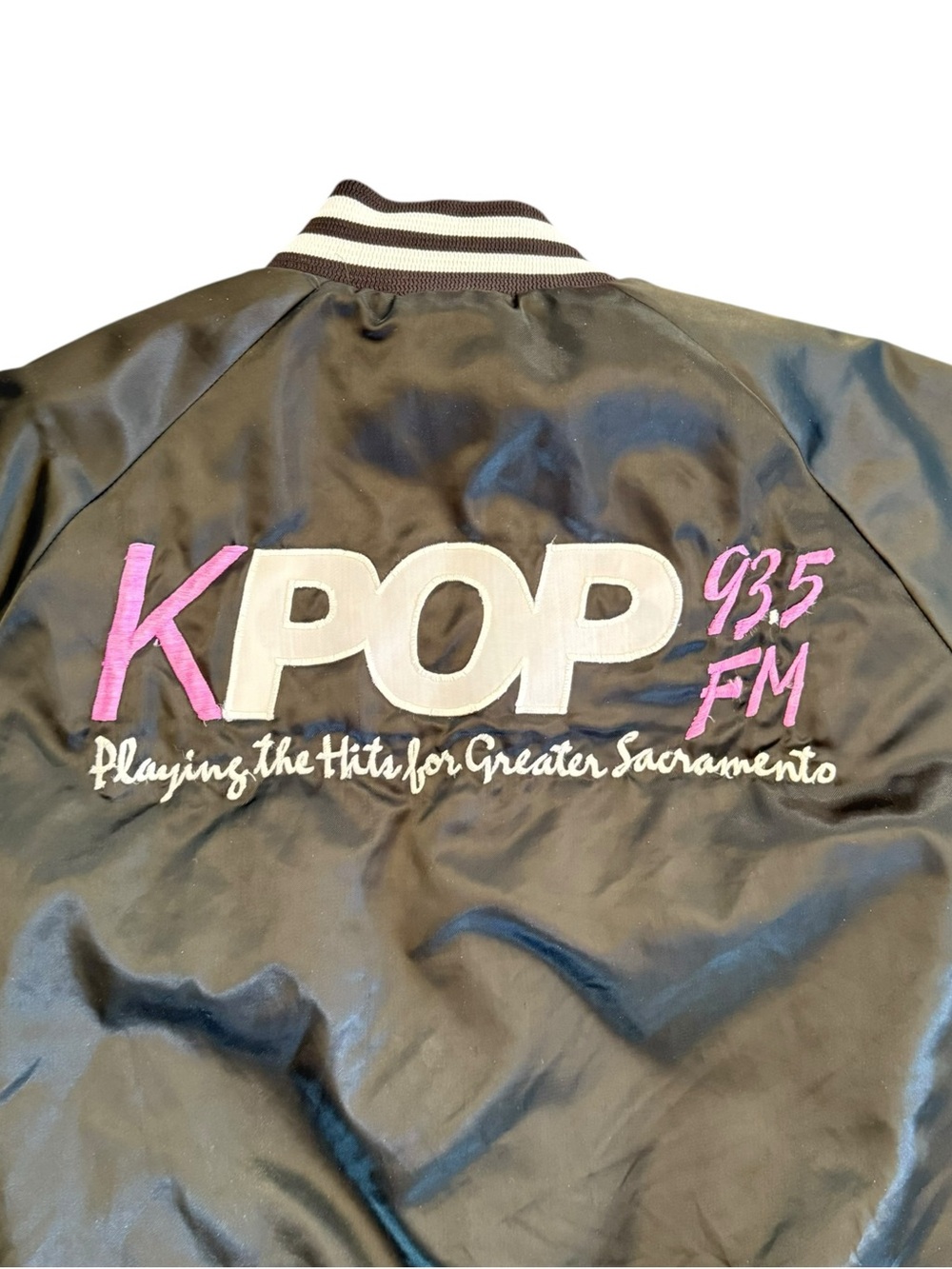 Vintage 80s Black Satin KPOP 93.5 FM Varsity Jacket Pink White Embroidery
